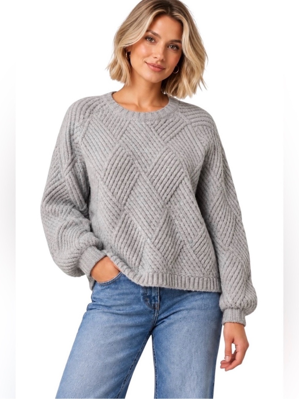 ELODIE Diamond Knit Crewneck Sweater Heather Grey Medium NWT